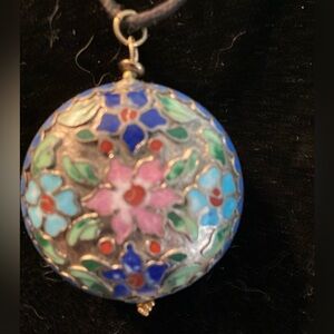 Cloisonné flowers pendant on black cord